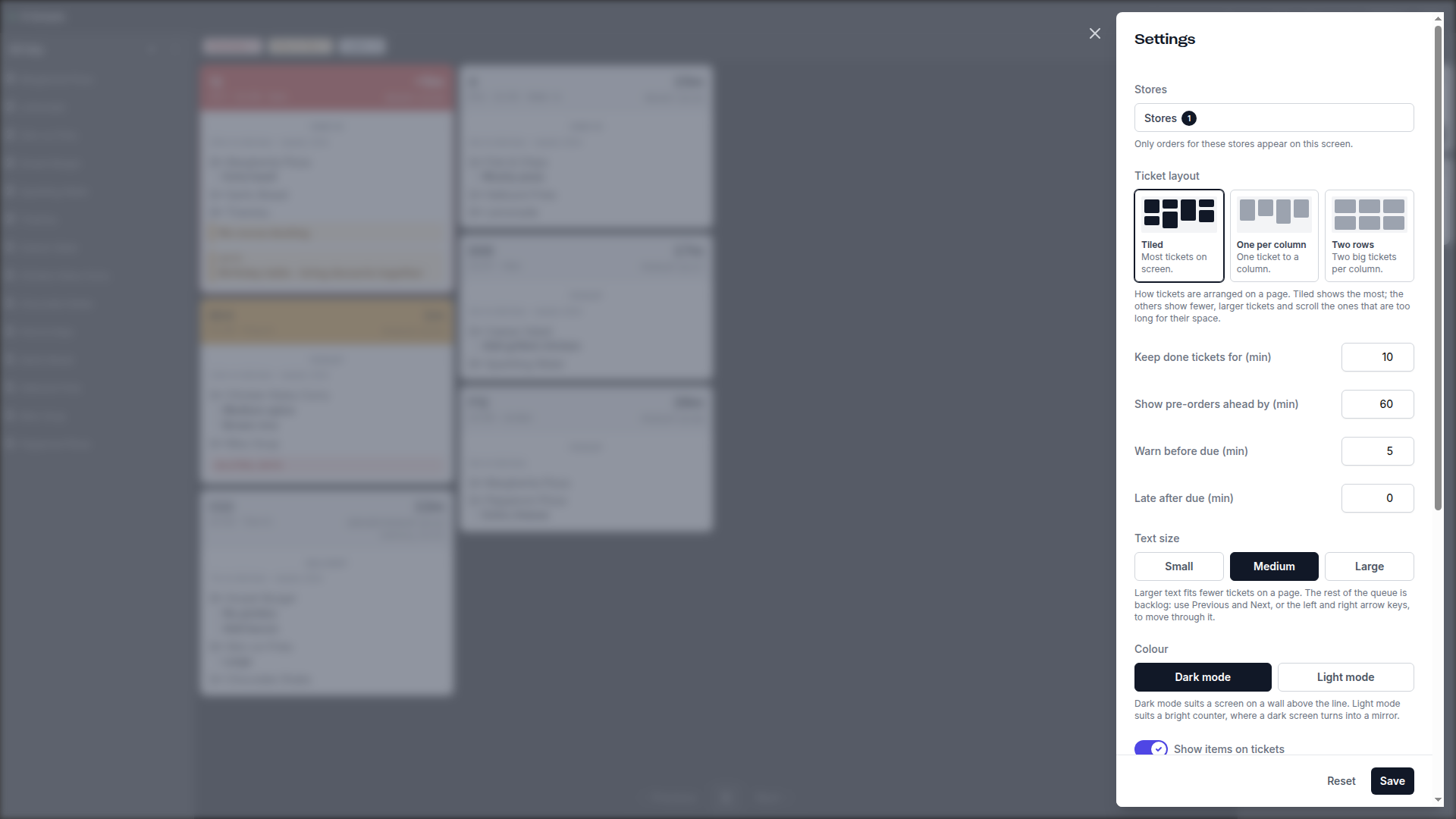 Kitchen Display settings sidebar