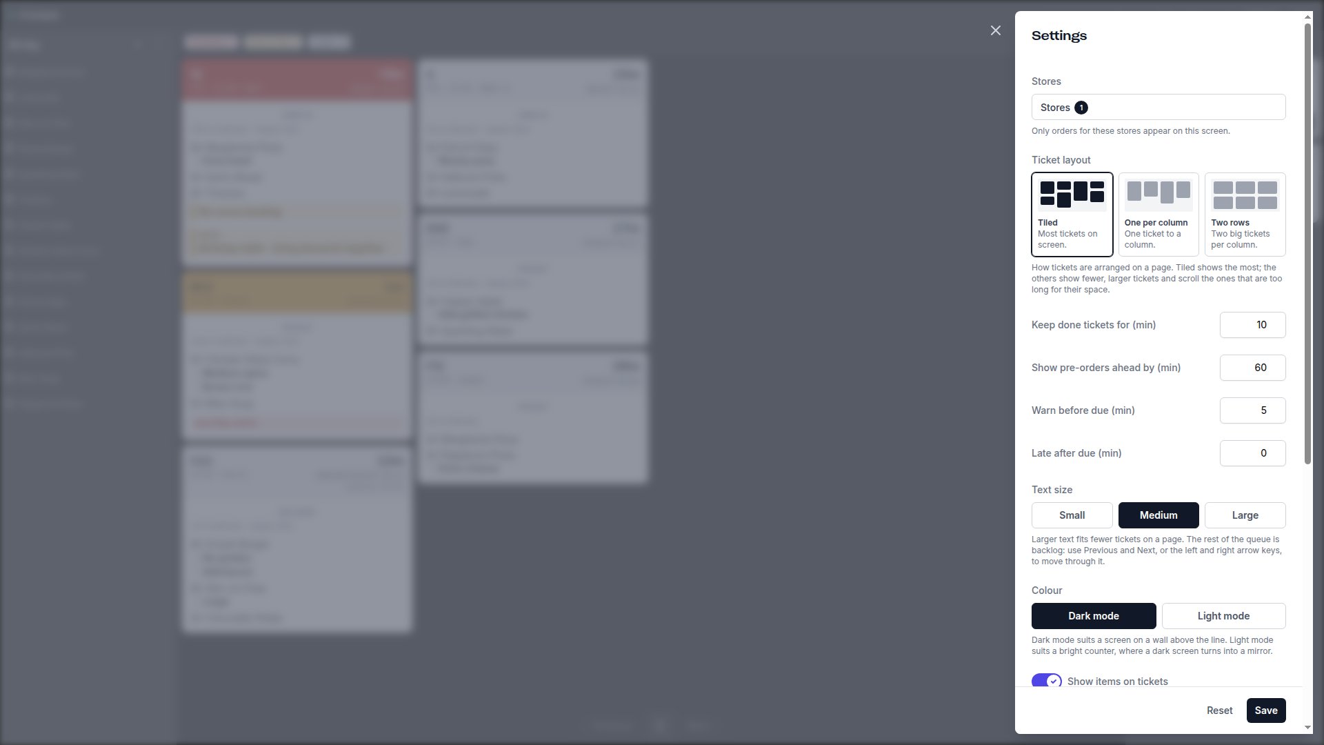 Kitchen Display settings sidebar