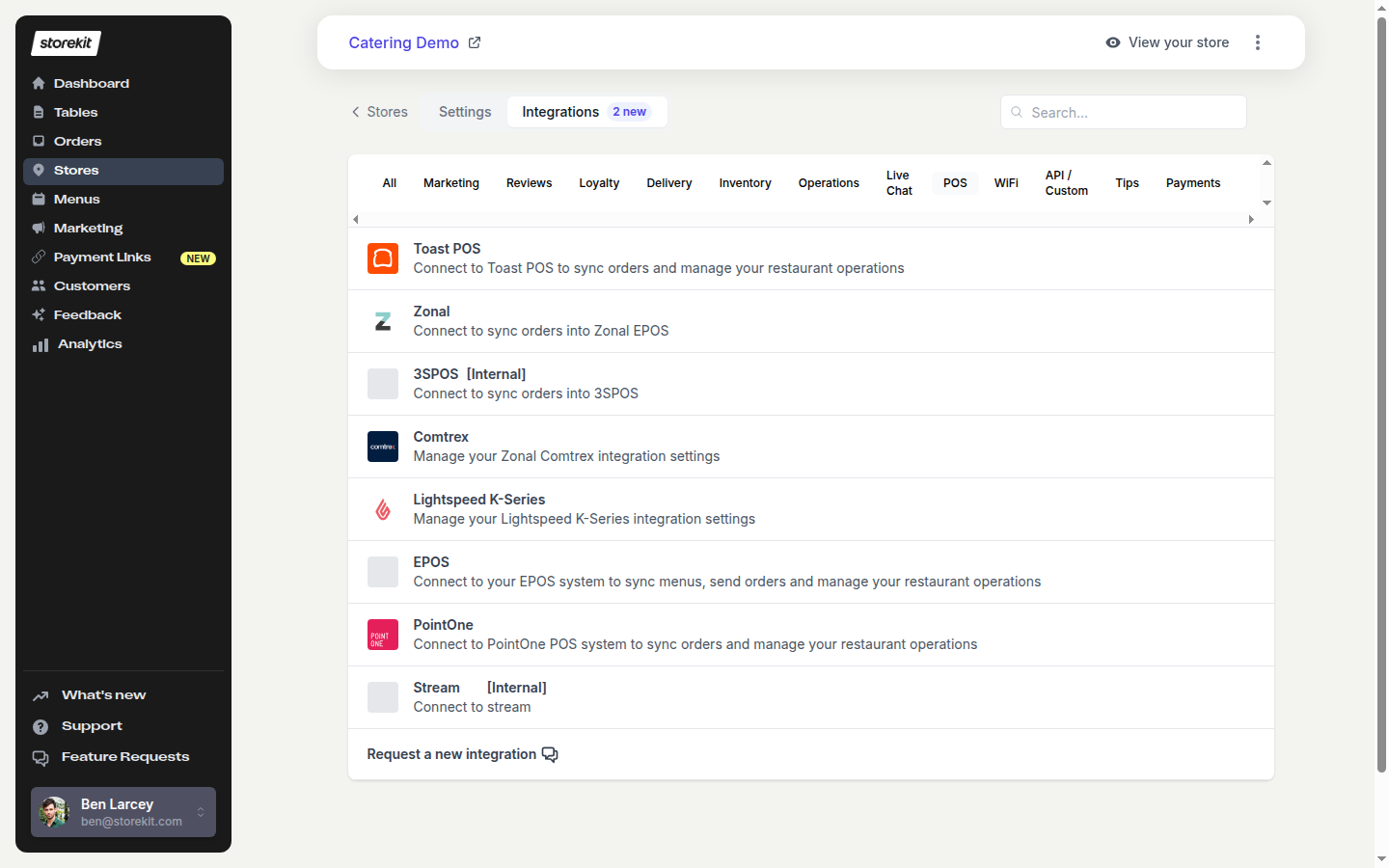 The Integrations tab showing the EPOS entry before connection