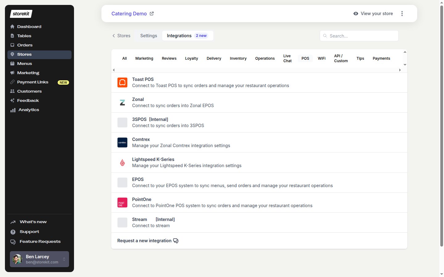 The Integrations tab showing the EPOS entry before connection