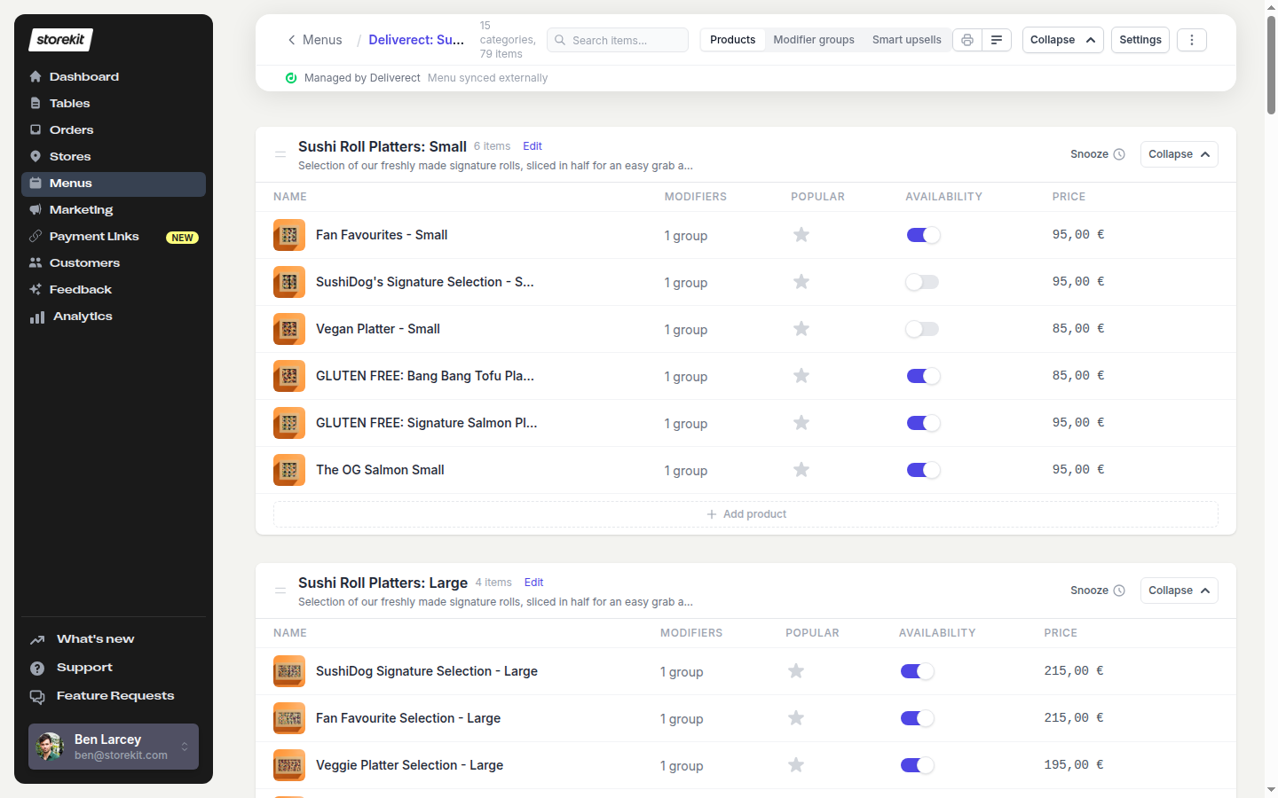 The menu editor showing Managed by Deliverect and Menu synced externally