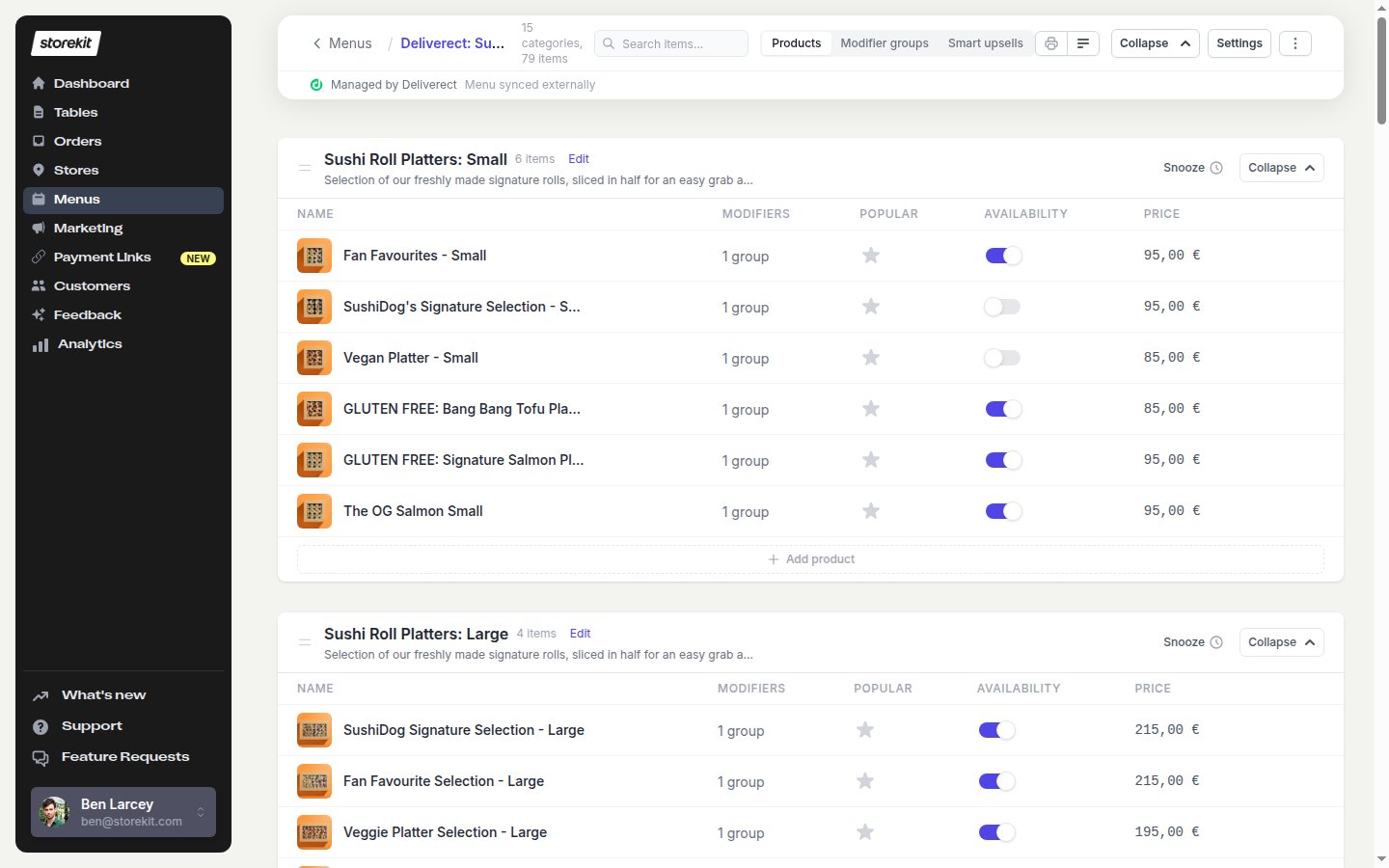 The menu editor showing Managed by Deliverect and Menu synced externally