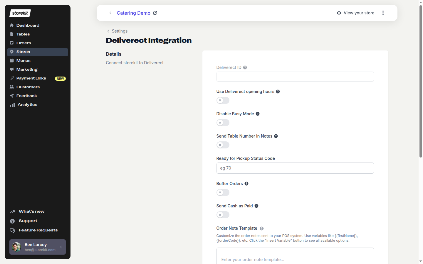 The Deliverect Integration settings page with its connection and order settings