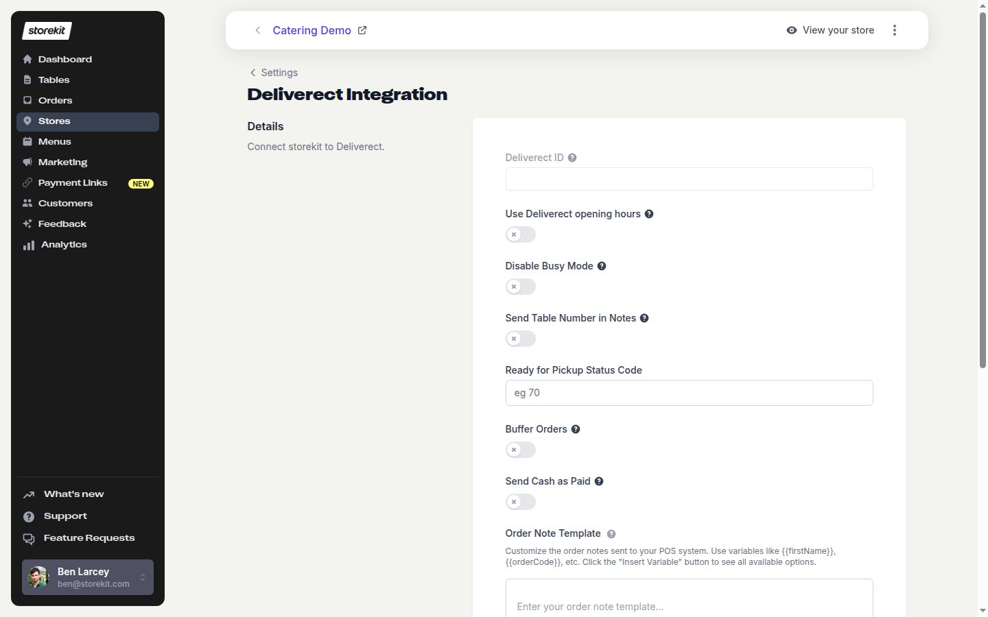 The Deliverect Integration settings page with its connection and order settings