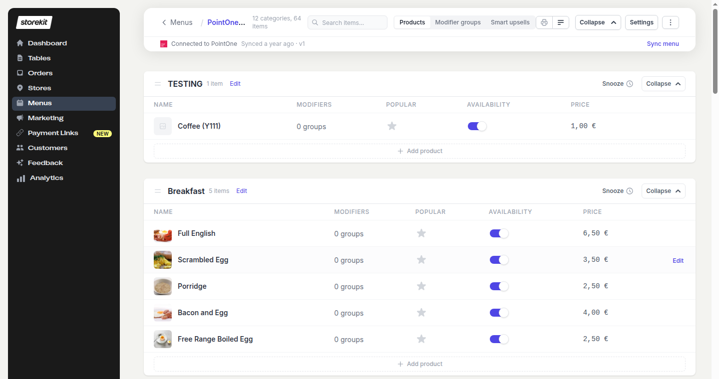 Menu editor showing the Connected to PointOne bar with last sync time and a Sync menu link