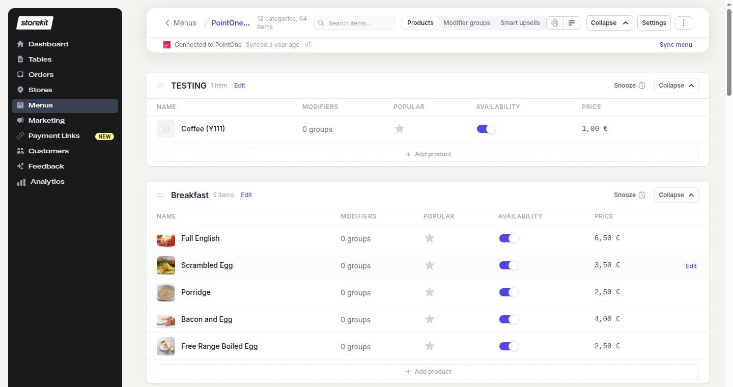 Menu editor showing the Connected to PointOne bar with last sync time and a Sync menu link