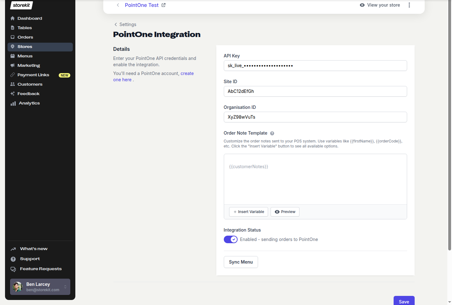PointOne Integration settings page showing API Key, Site ID, Organisation ID, Order Note Template, Integration Status and Sync Menu