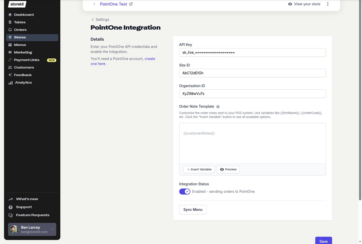 PointOne Integration settings page showing API Key, Site ID, Organisation ID, Order Note Template, Integration Status and Sync Menu