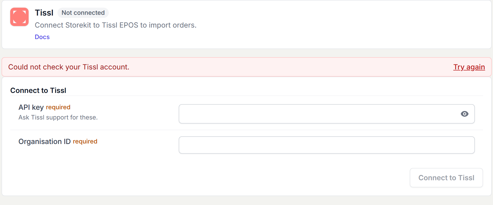 Could not check your Tissl account alert above the connection form, with a Try again action