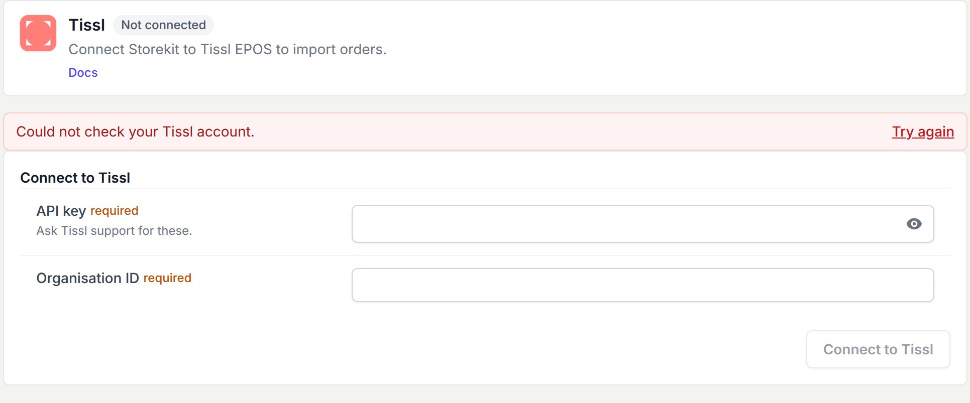Could not check your Tissl account alert above the connection form, with a Try again action