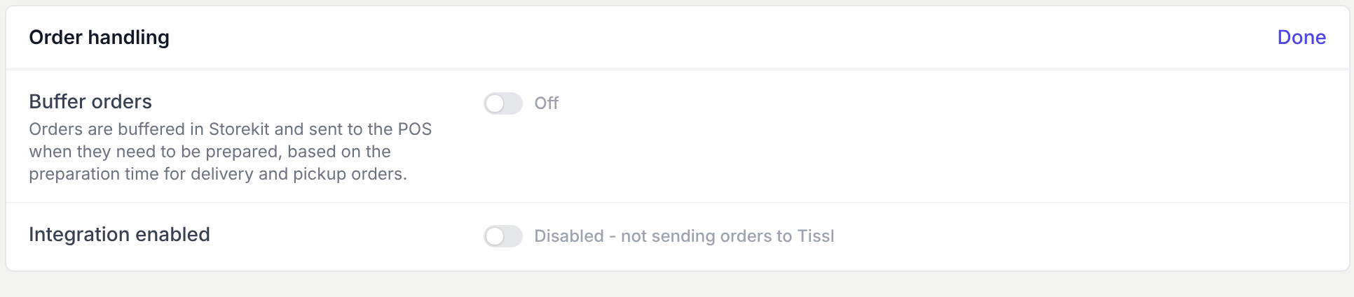 The Order handling group showing Integration enabled turned off.