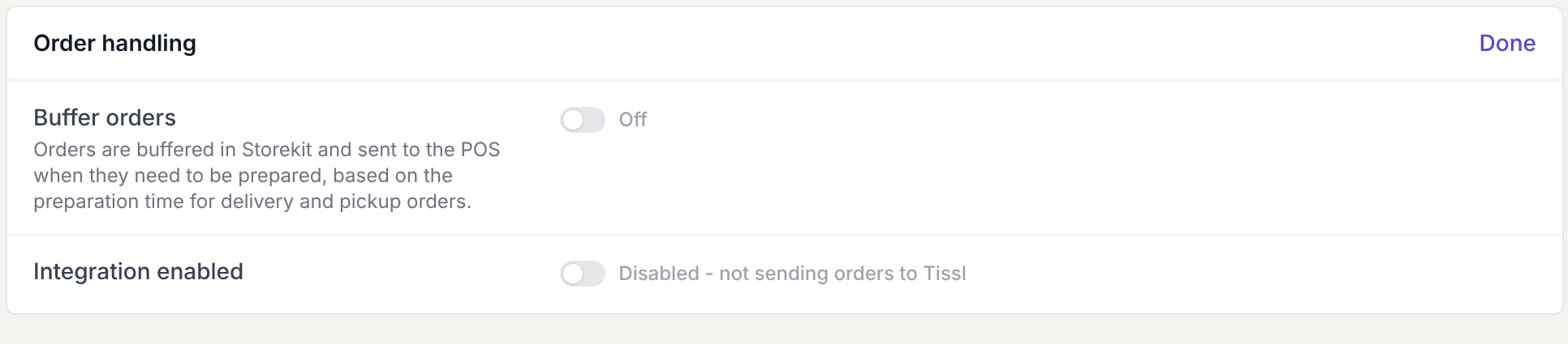 The Order handling group showing Integration enabled turned off.