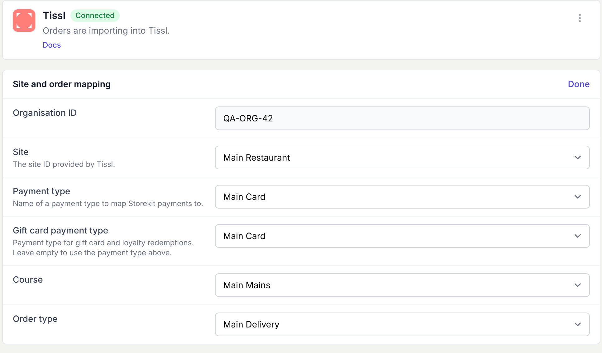 Saved Tissl settings showing a selected Site and its payment, course, and order mappings