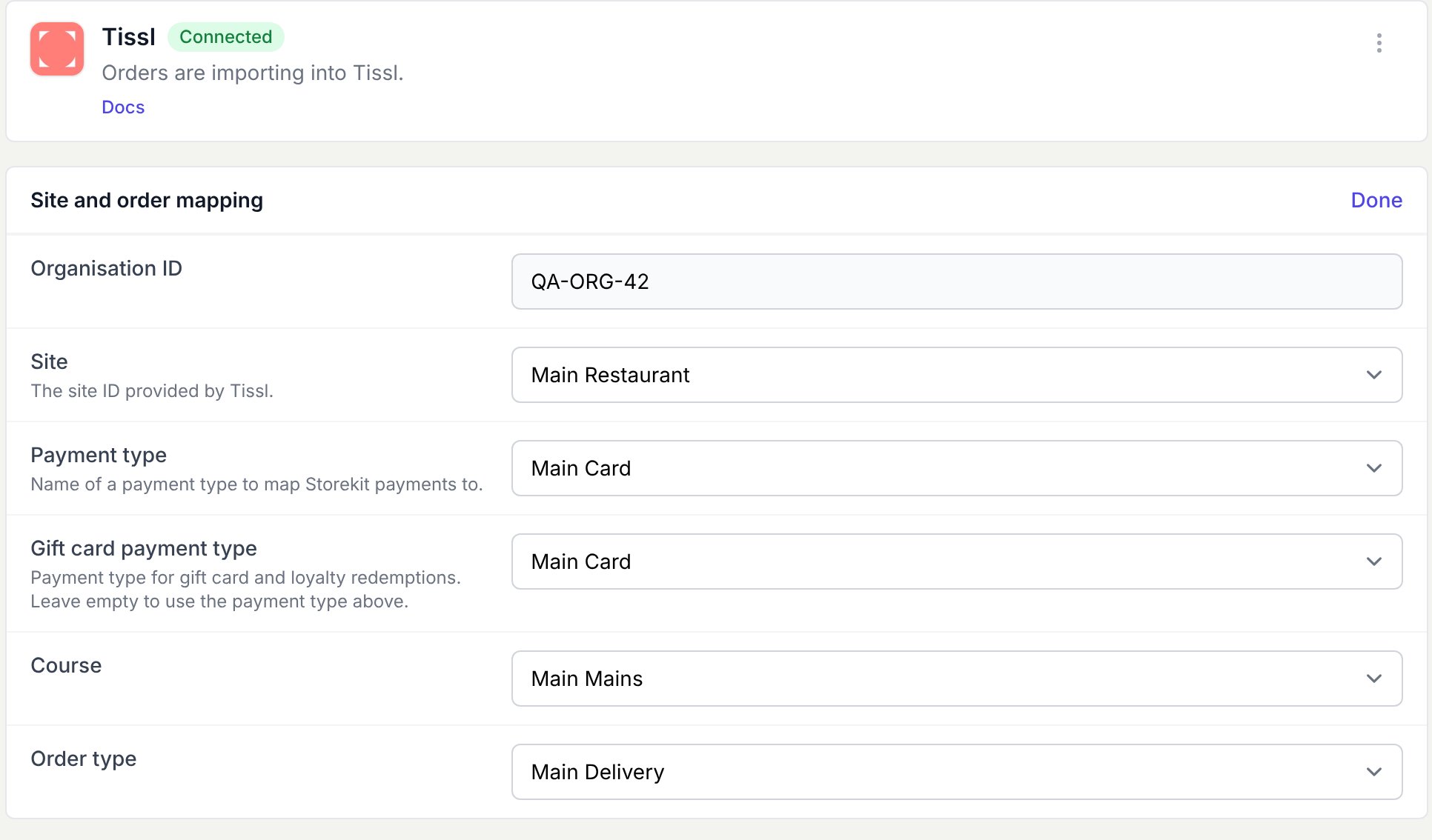 Saved Tissl settings showing a selected Site and its payment, course, and order mappings