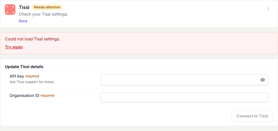 Tissl settings load error with Try again and the Update Tissl details form