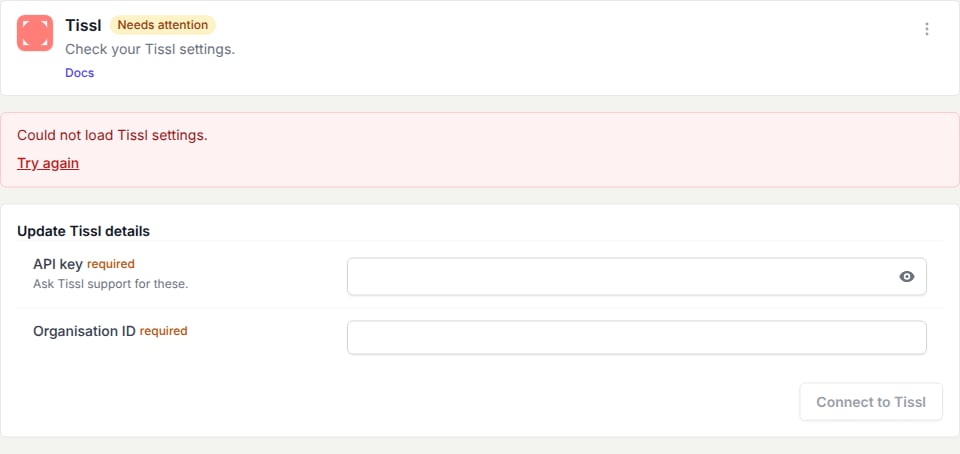 Tissl settings load error with Try again and the Update Tissl details form