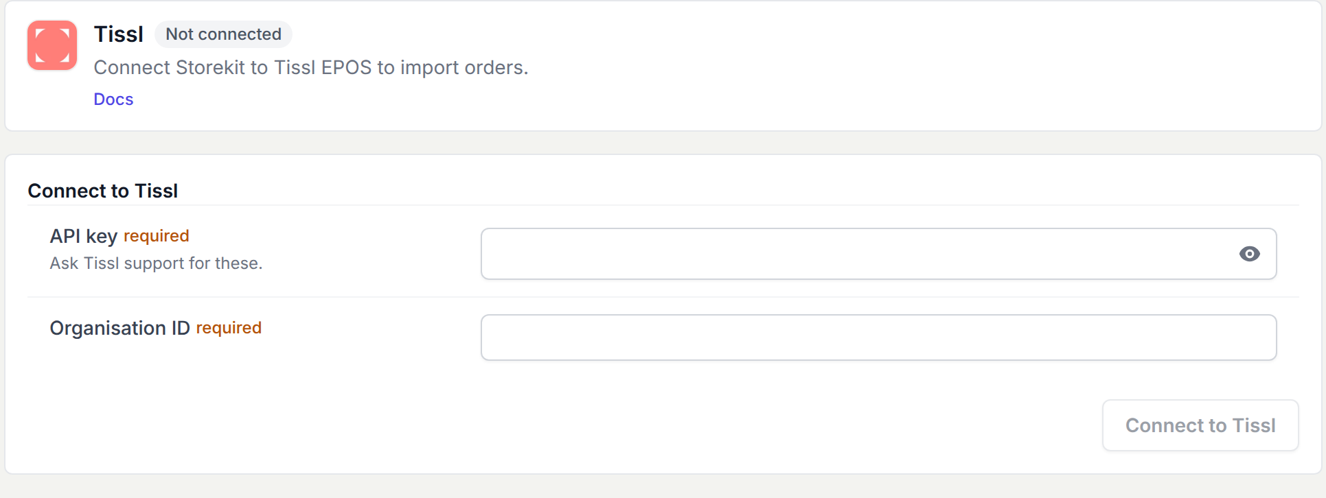 Tissl connection form requesting an API key and Organisation ID