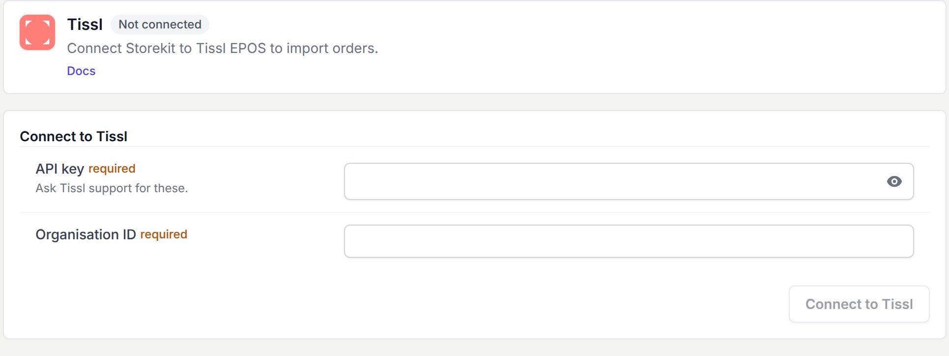 Tissl connection form requesting an API key and Organisation ID