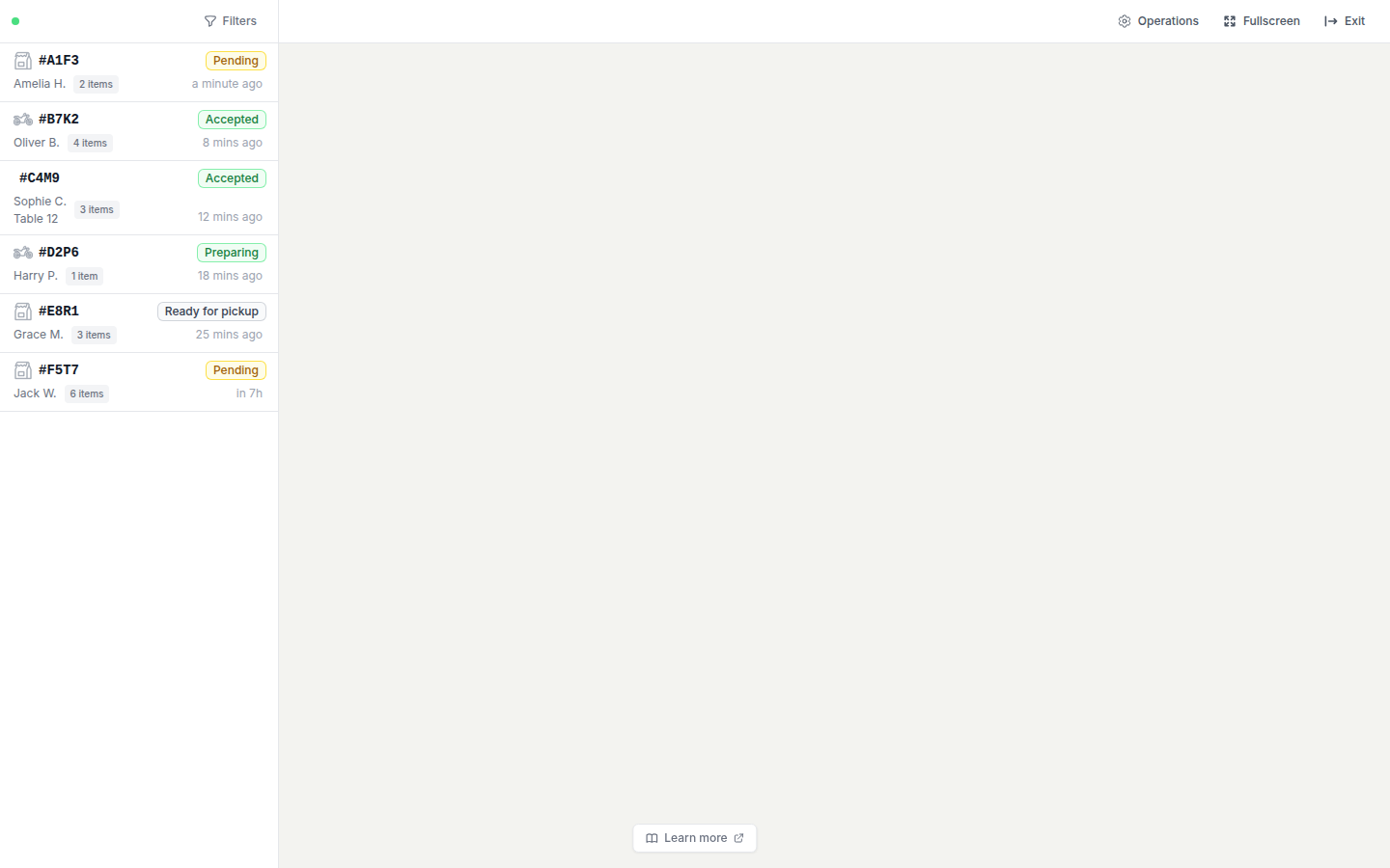 Live Orders feed showing today's orders with status badges and the green connection dot