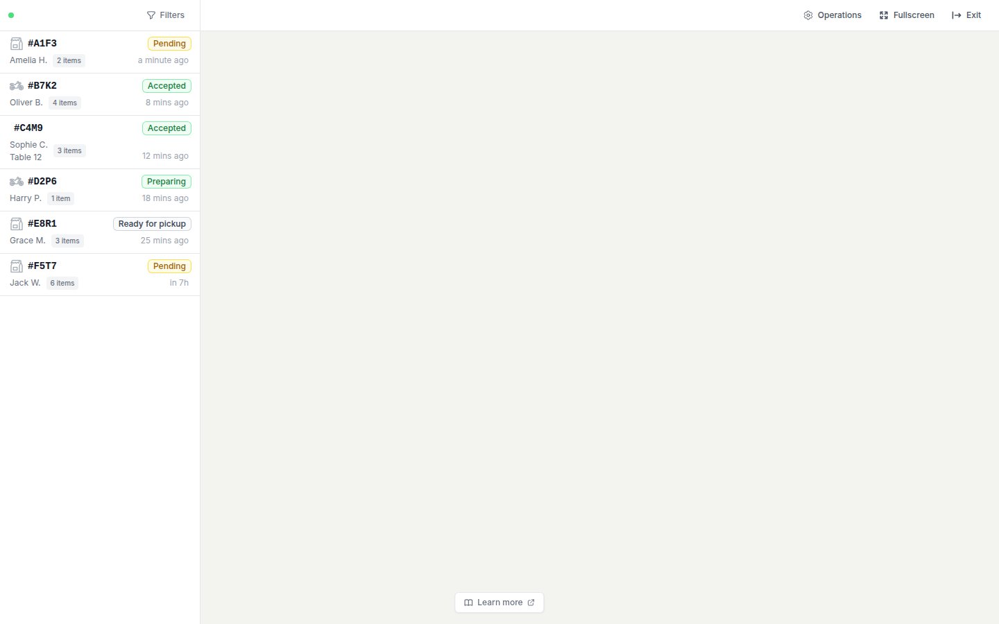 Live Orders feed showing today's orders with status badges and the green connection dot