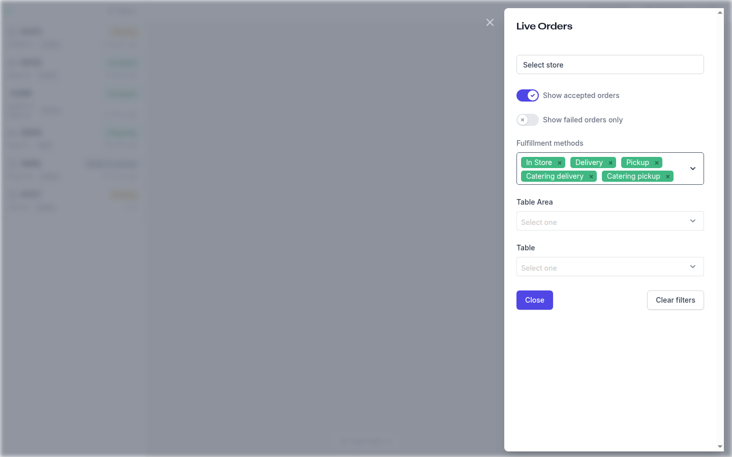 The Live Orders filters panel with store selector, status toggles, fulfilment methods, Table Area and Table