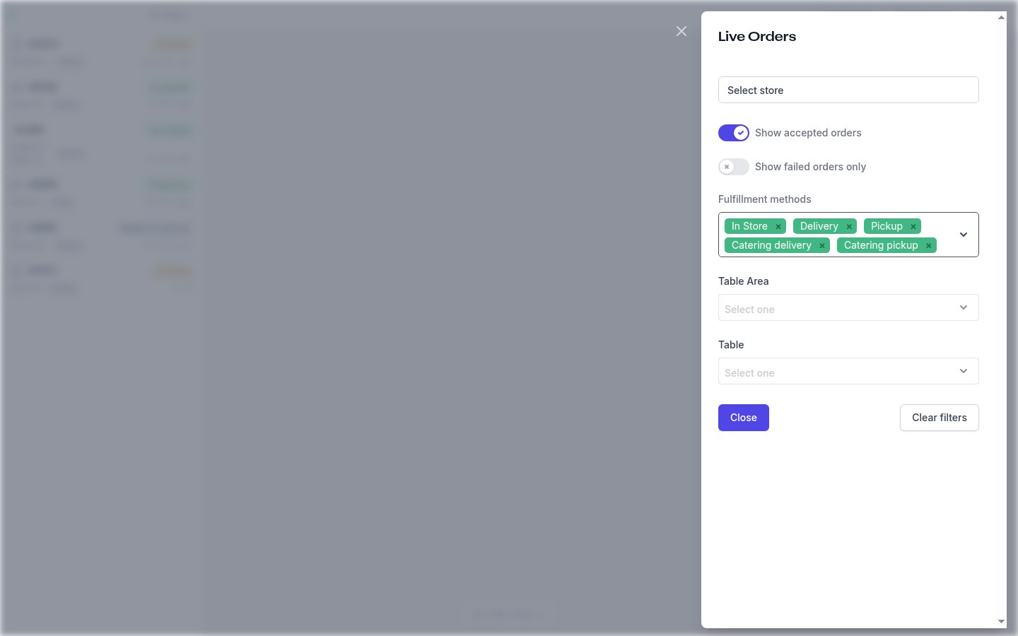 The Live Orders filters panel with store selector, status toggles, fulfilment methods, Table Area and Table