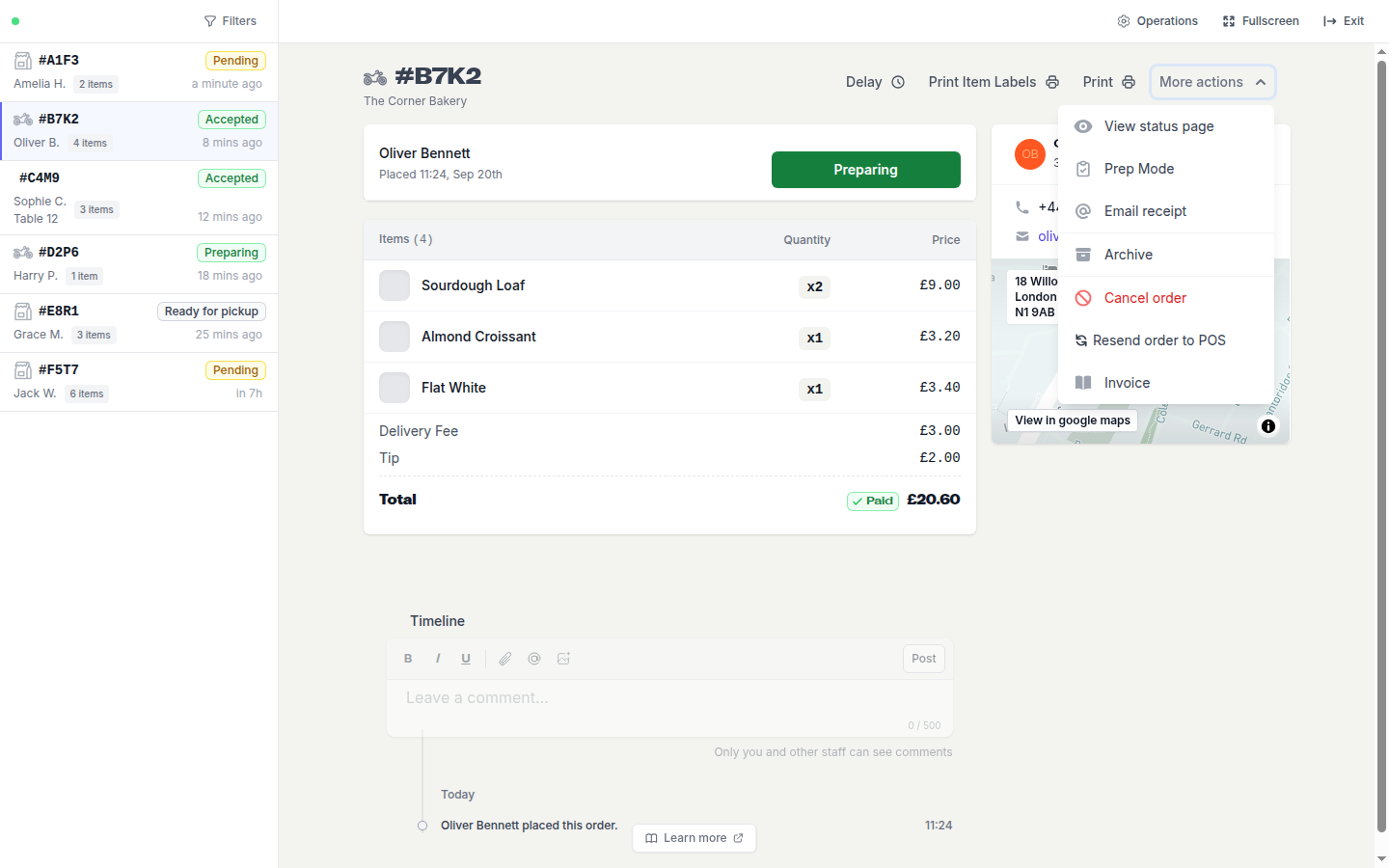 The More actions menu on an order: View status page, Prep Mode, Email receipt, Archive, Cancel order, Resend order to POS, Invoice