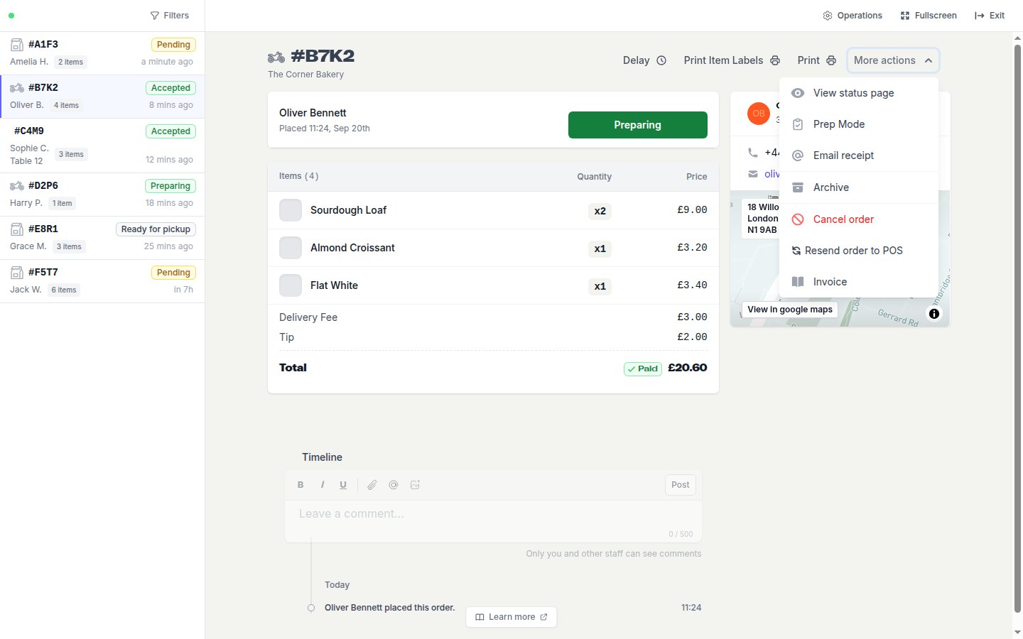 The More actions menu on an order: View status page, Prep Mode, Email receipt, Archive, Cancel order, Resend order to POS, Invoice