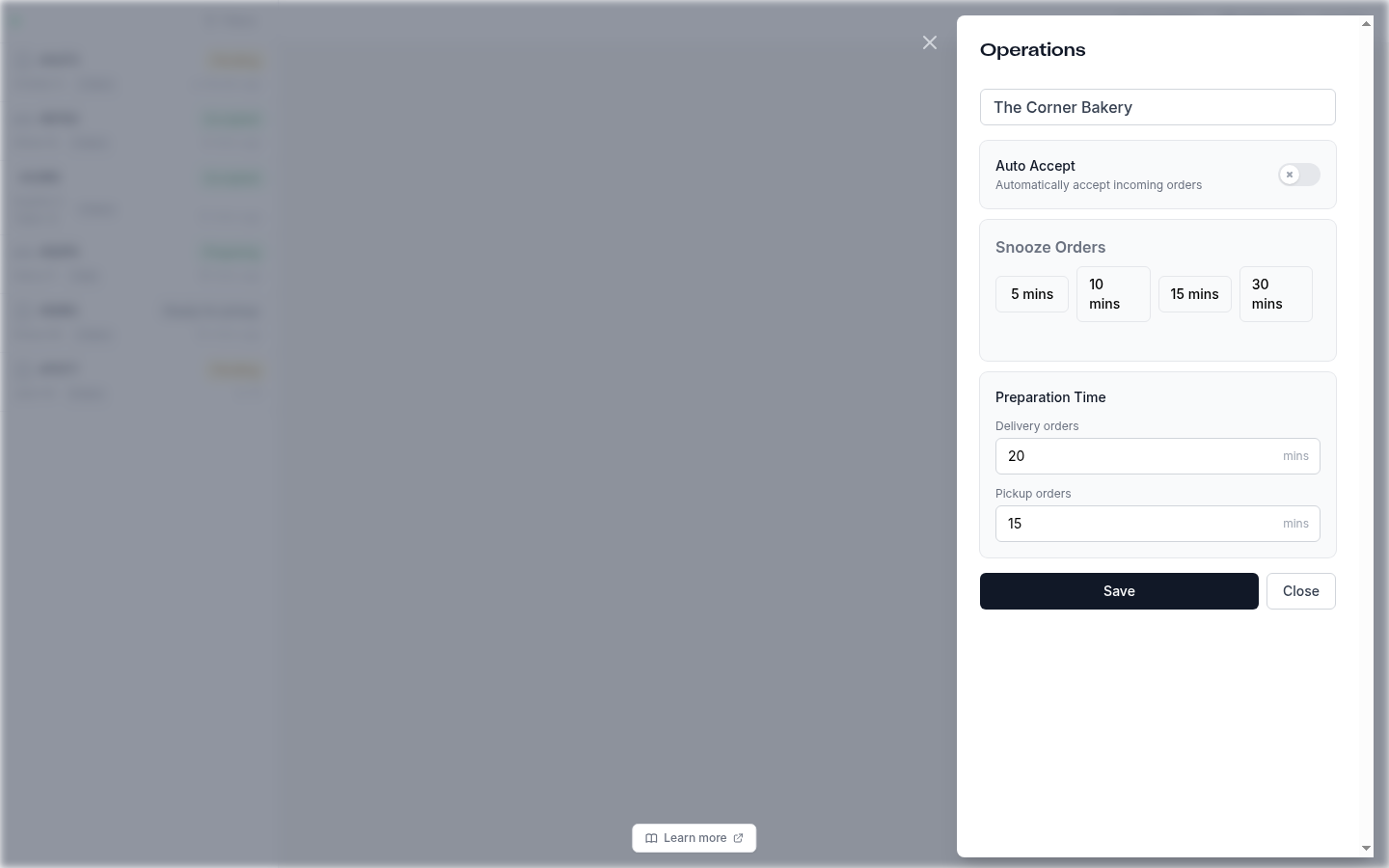 The Operations panel in Live Orders with Auto Accept, Snooze Orders and Preparation Time