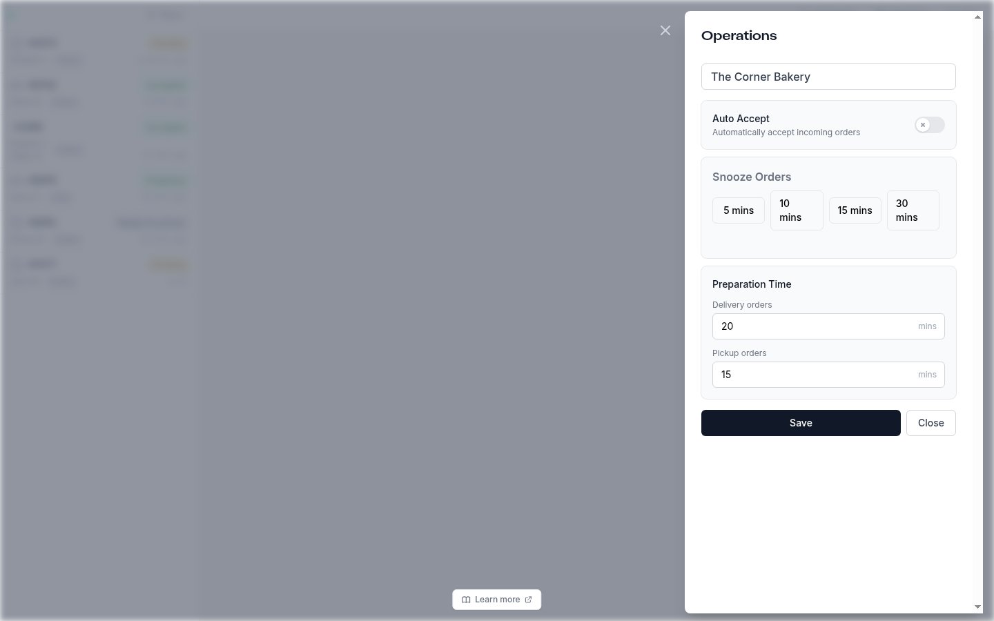 The Operations panel in Live Orders with Auto Accept, Snooze Orders and Preparation Time