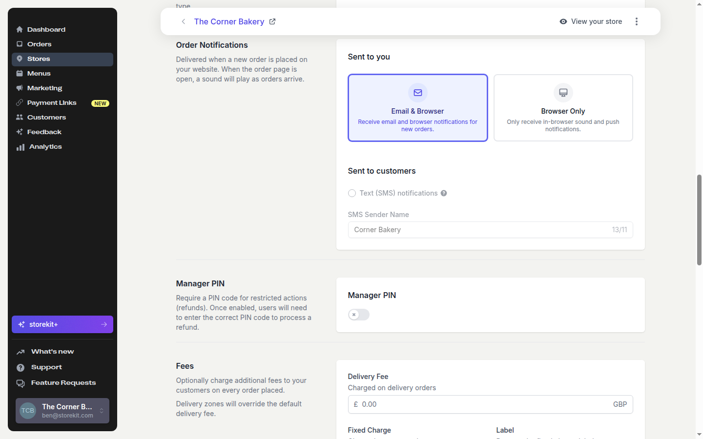 Order Notifications section with Email & Browser and Browser Only options