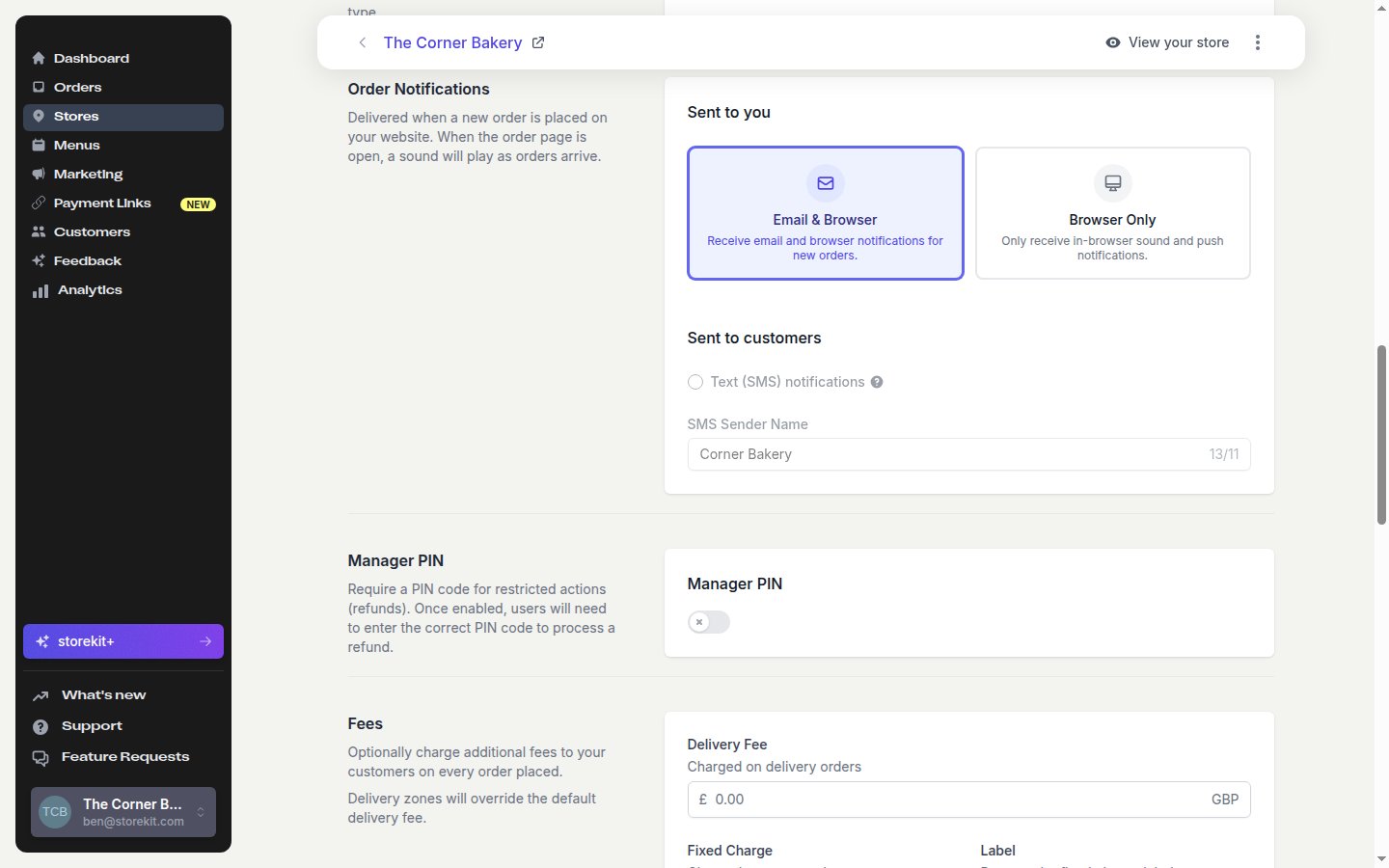 Order Notifications section with Email & Browser and Browser Only options