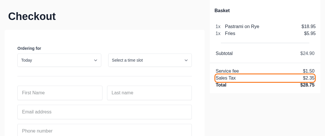 Checkout basket with a Sales Tax line between the service fee and the total