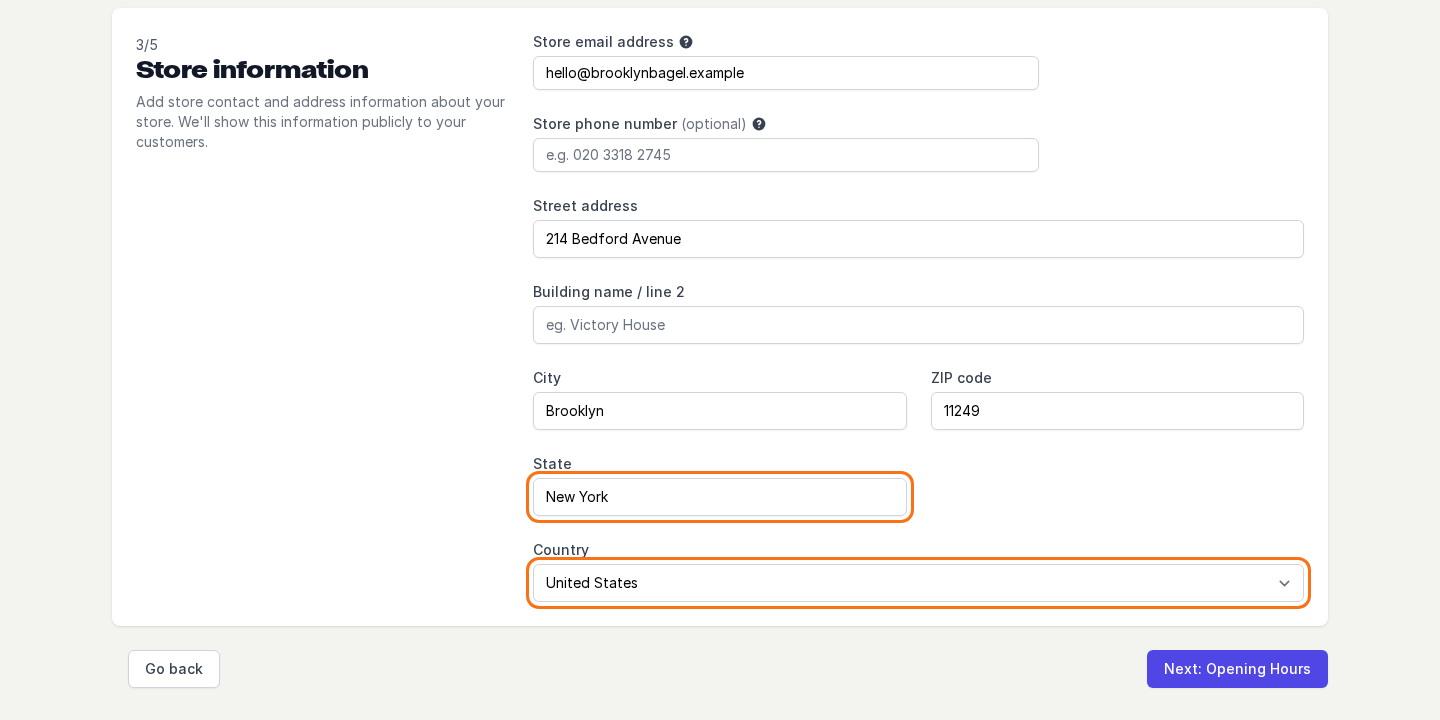 The Store information step when creating a store, with the State and Country fields highlighted