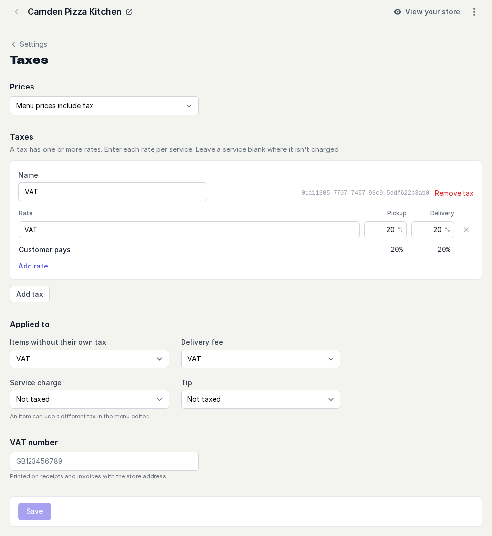 Taxes page of a new London store: prices include tax, VAT 20% on pickup and delivery, applied to items and the delivery fee