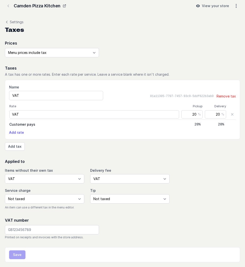 Taxes page of a new London store: prices include tax, VAT 20% on pickup and delivery, applied to items and the delivery fee