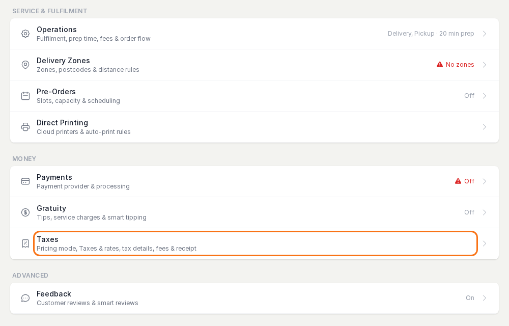 Store settings list with the Taxes row highlighted in the Money group