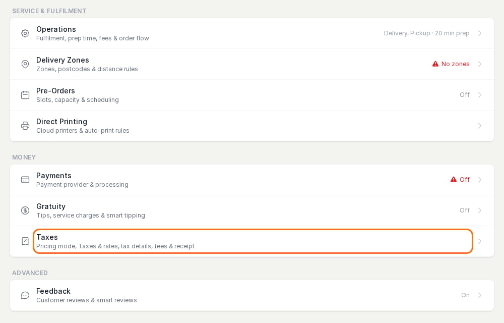 Store settings list with the Taxes row highlighted in the Money group