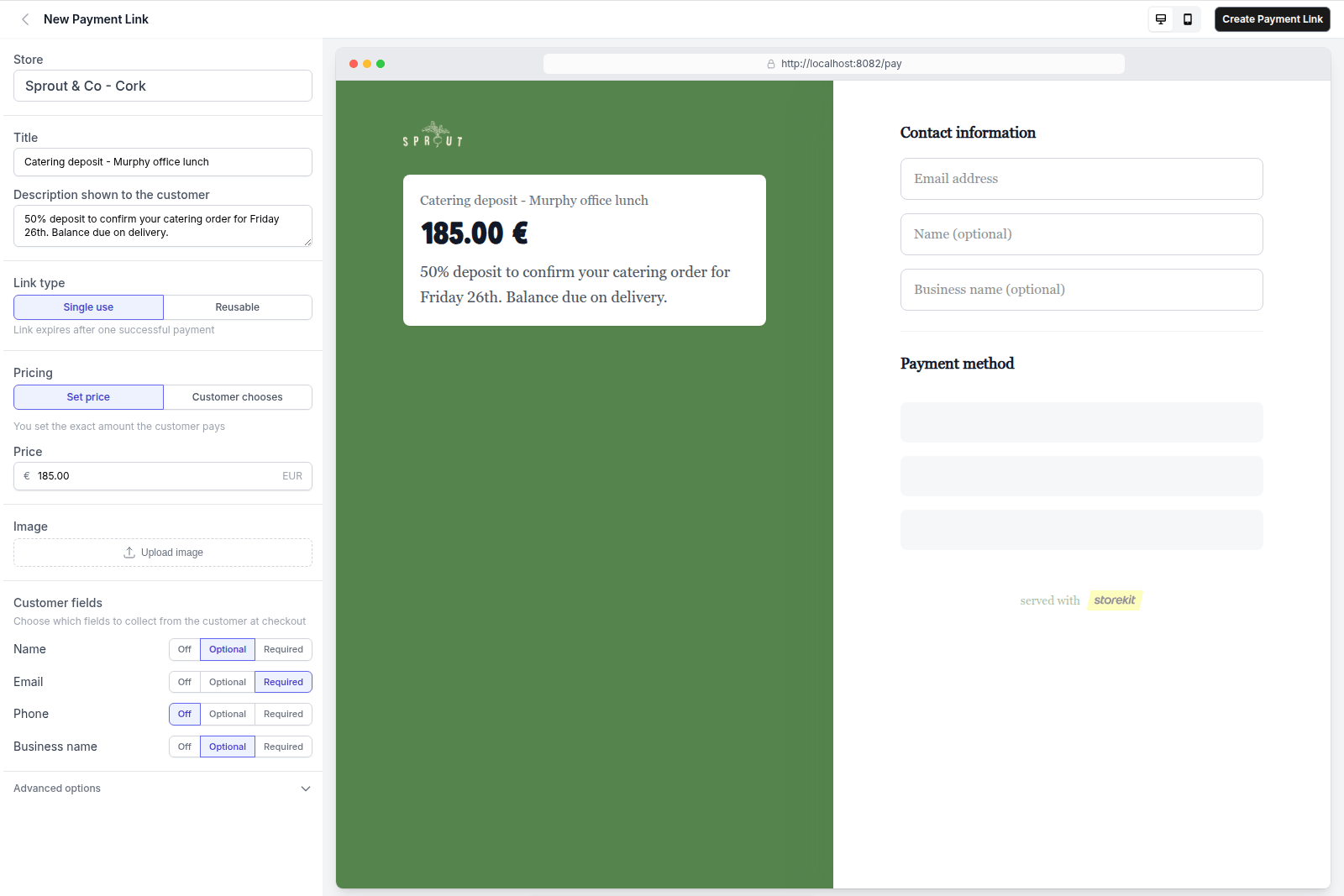 New Payment Link page showing Store, Title, Description, Link type, Pricing and Customer fields alongside a live branded preview of the checkout