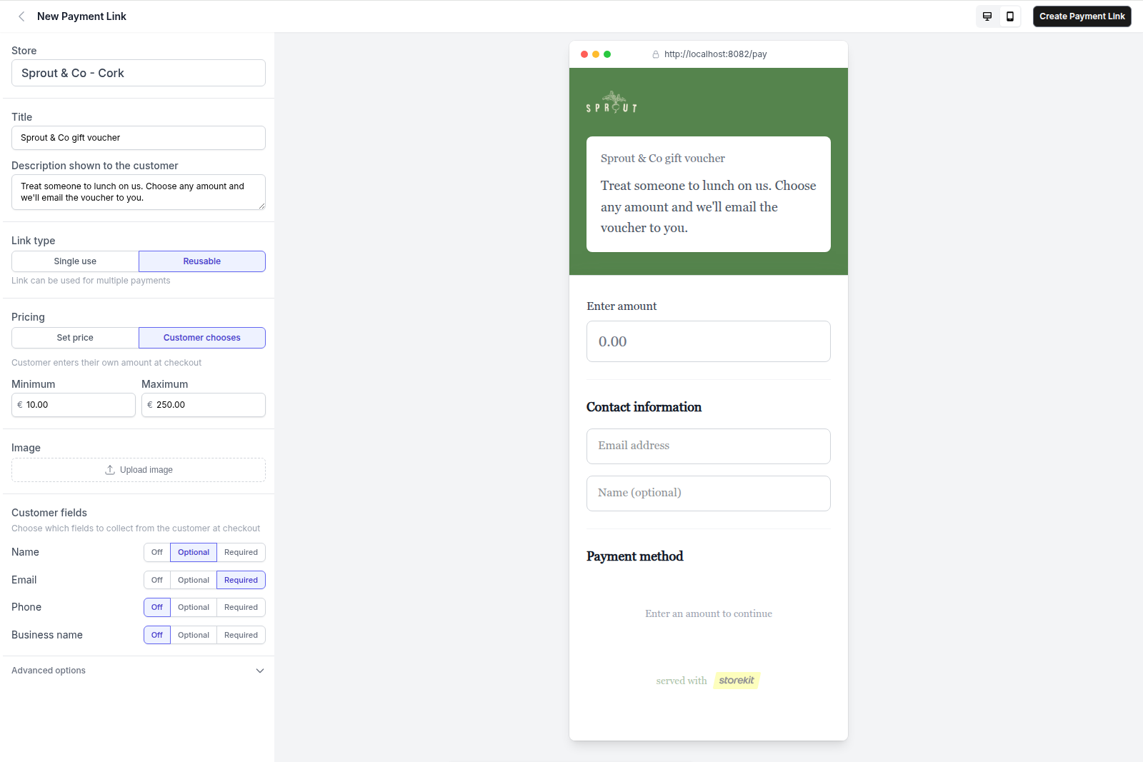 New Payment Link page with the phone-sized preview showing Enter amount, Contact information and Enter an amount to continue