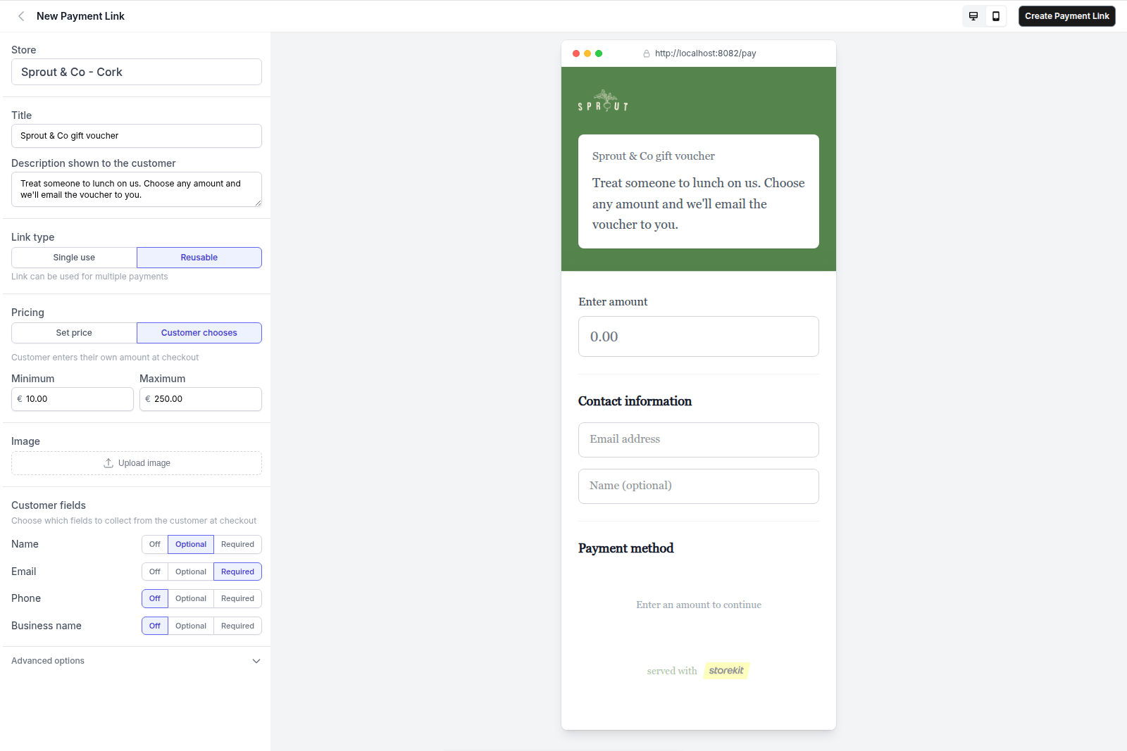 New Payment Link page with the phone-sized preview showing Enter amount, Contact information and Enter an amount to continue