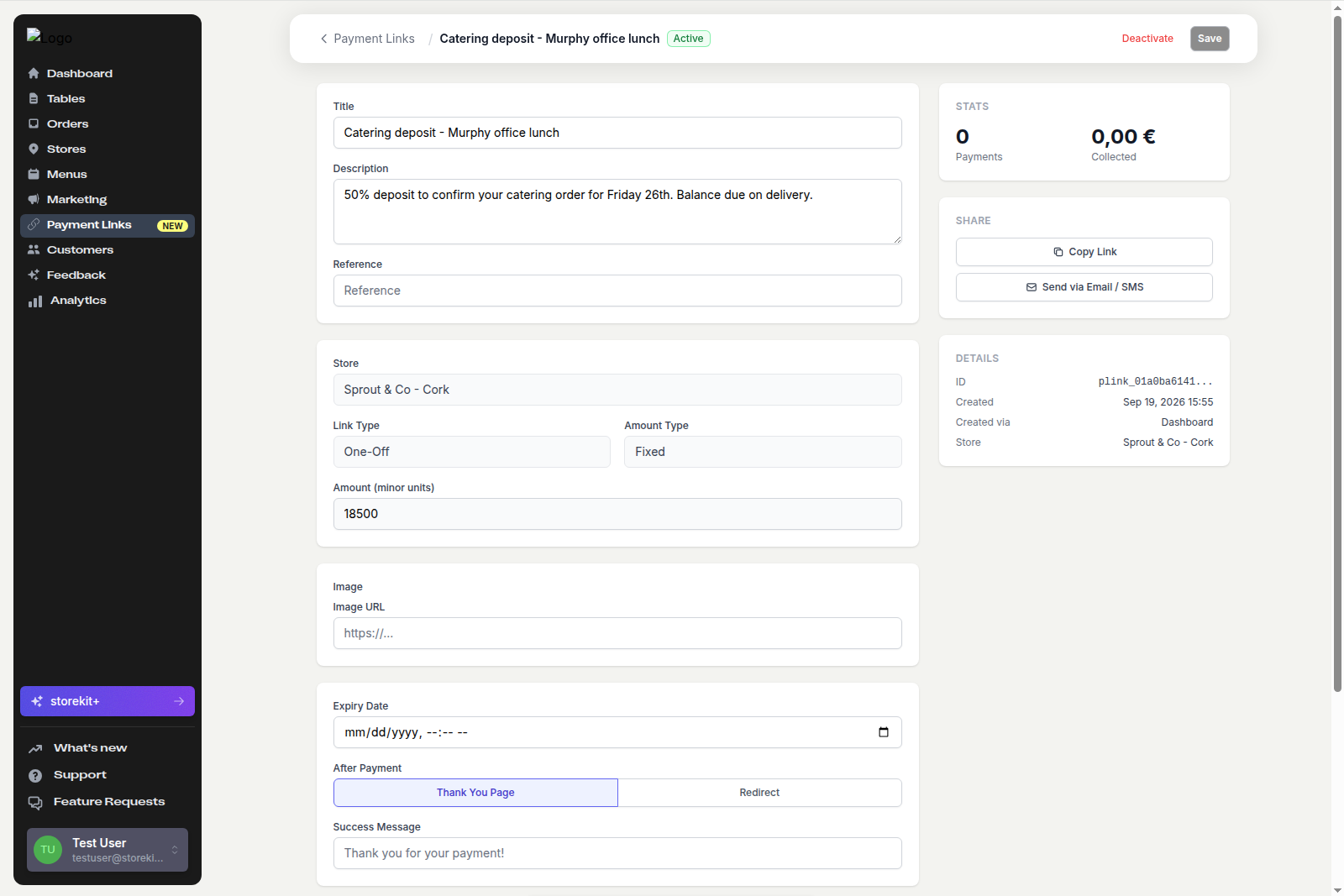 Payment link detail page showing Stats, the Share panel with Copy Link and Send via Email / SMS, and the editable Details form