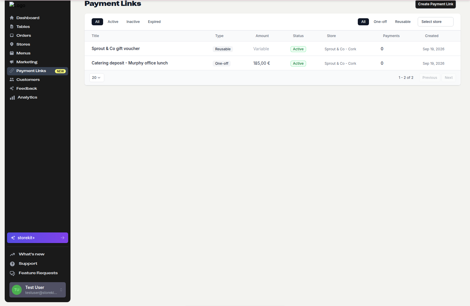 Payment Links list showing status and type filters, the store selector and two links with their Type, Amount, Status, Store, Payments and Created columns