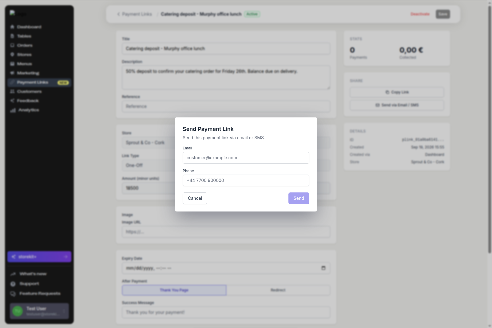 Send Payment Link dialog with Email and Phone fields and Cancel and Send buttons
