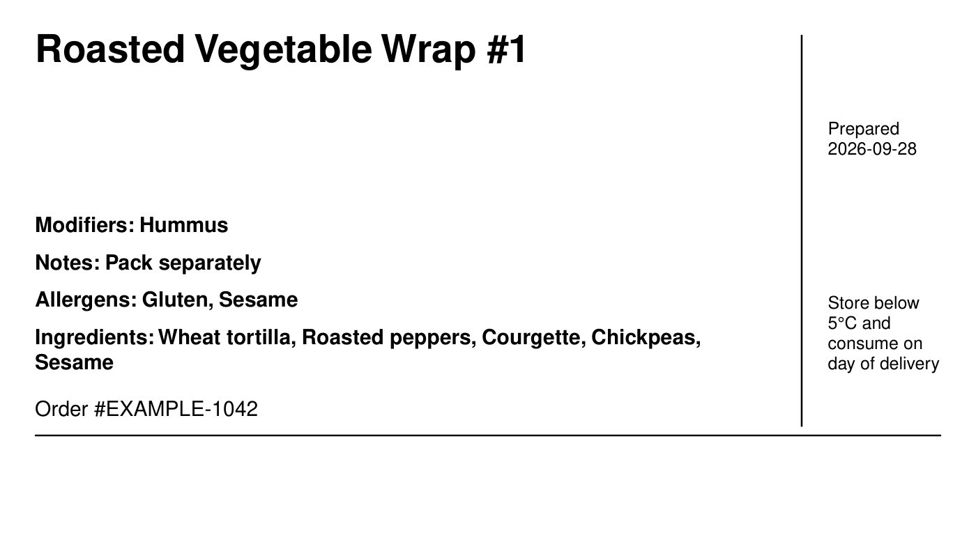 Example Roasted Vegetable Wrap label with item number, modifiers, allergens, ingredients, order code and printed date and storage wording