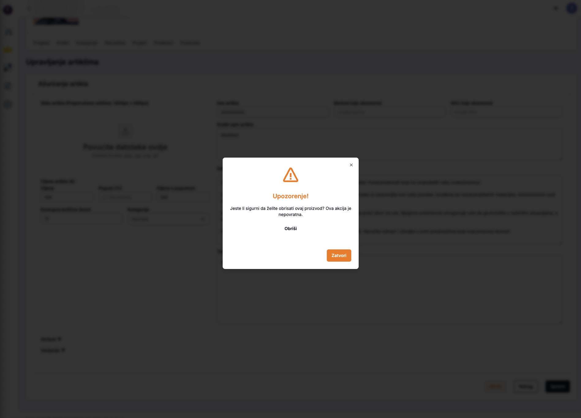 Brisanje artikla - svijetla tema