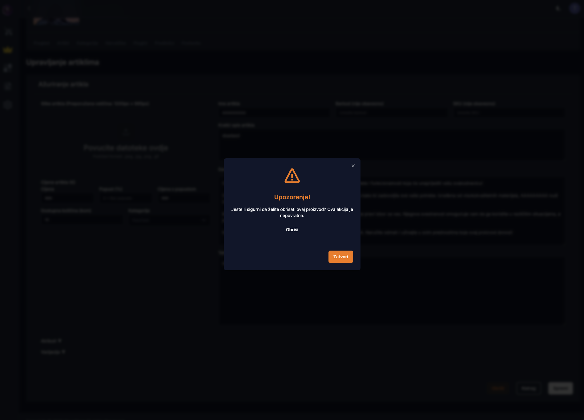 Brisanje artikla - tamna tema