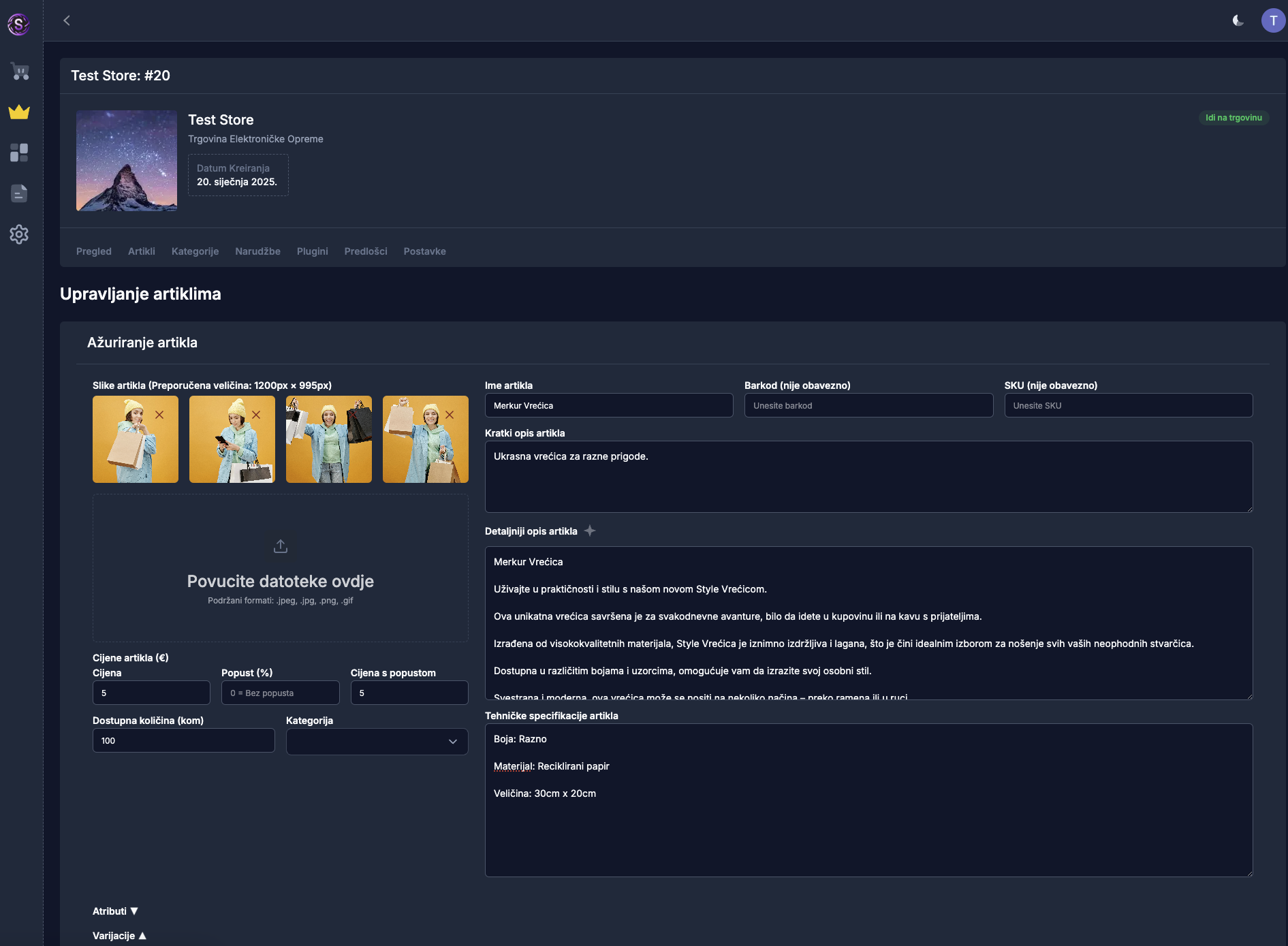 Uređivanje artikla - tamna tema