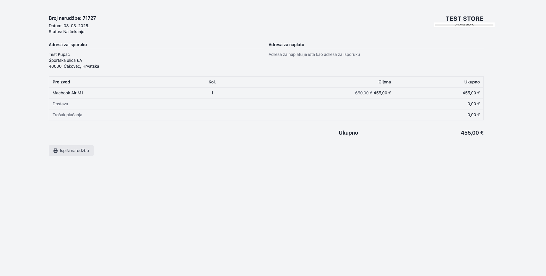 Ispis narudžbe - svijetla tema