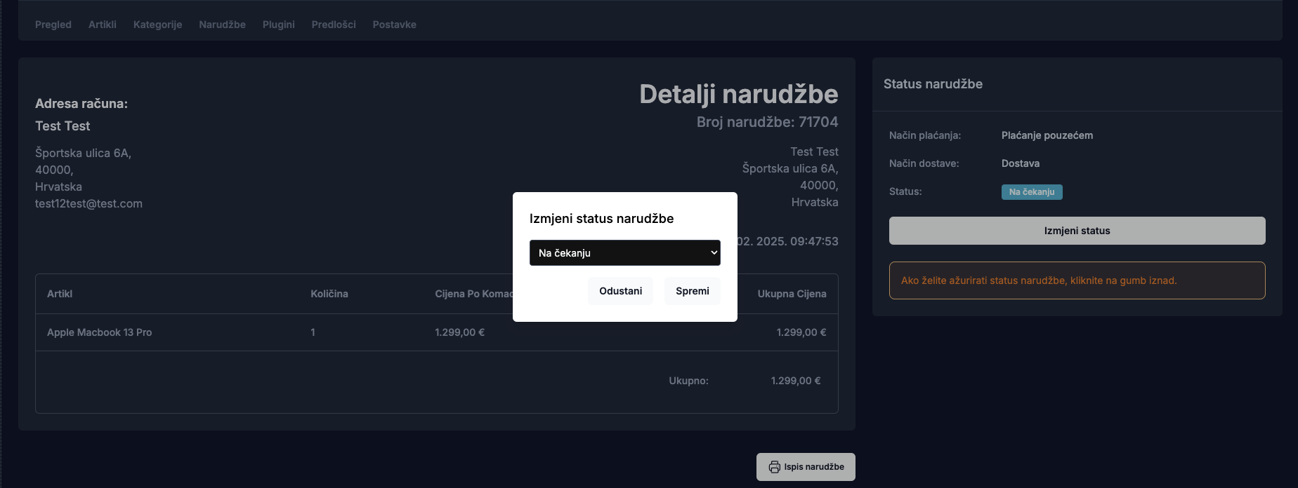 Status narudžbe - tamna tema